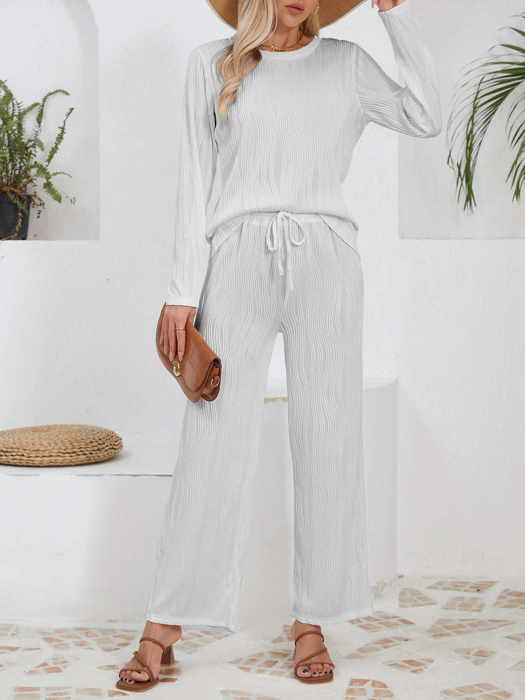 Damen lässiges Jogginganzug mit strukturiertem Material und hohem Bund Heidi-Mode