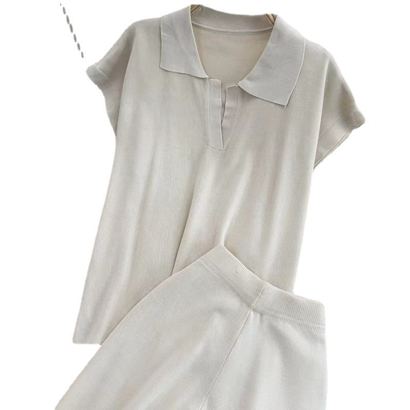 Damen elegantes Lounge-Set mit kurzärmligem Polo und weiten Hosen Heidi-Mode