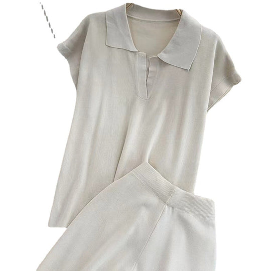 Damen elegantes Lounge-Set mit kurzärmligem Polo und weiten Hosen Heidi-Mode