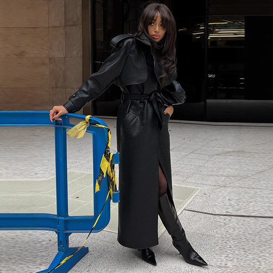 Damen Kunstleder Trenchcoat mit Oberteil und Taillengürtel Heidi-Mode