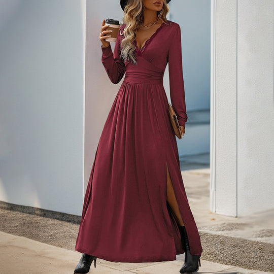 Damen Maxikleid mit tiefem V-Ausschnitt und eleganter Raffung Heidi-Mode