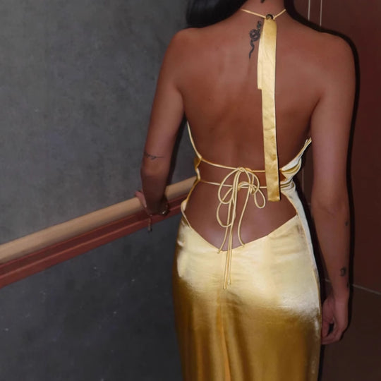 Damen V-ausschnitt Maxikleid mit schmalen Trägern und seitlichem Schlitz Heidi-Mode