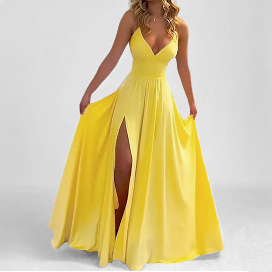 Damen Maxikleid mit tiefem V-Ausschnitt und seitlichem Schlitz Heidi-Mode