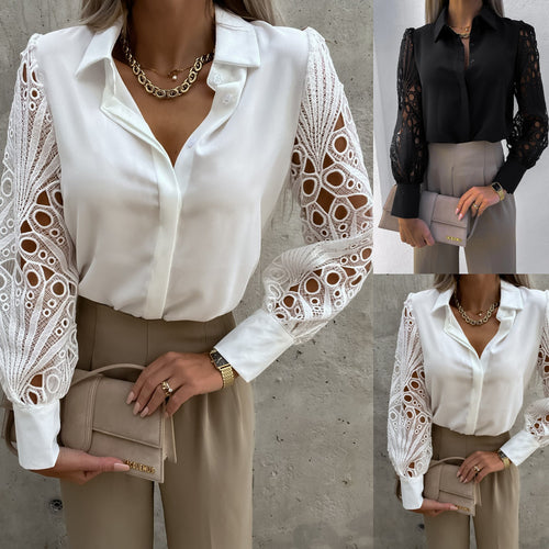 Damen Elegante Bluse mit kunstvollen Spitzenärmeln Heidi-Mode