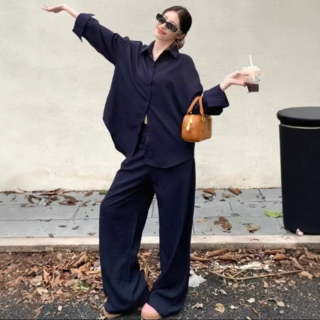 Damen Oversized Hemdblusenset mit weiten Hosen Heidi-Mode