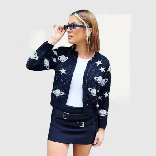 Damen modische Strickjacke mit auffälligem Sternen- und Planetenmotiv Heidi-Mode