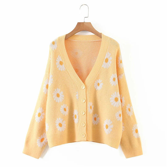 Damen Strickjacke mit Blumenmuster und V-Ausschnitt Heidi-Mode