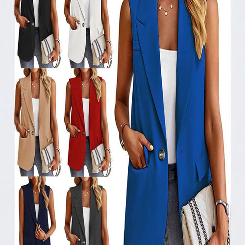 Damen ärmellose Blazerjacke mit Taillenakzenten und praktischen Taschen Heidi-Mode