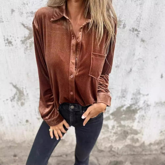Damen Elegante Samtbluse mit klassischem Hemdkragen und langen Ärmeln Heidi-Mode