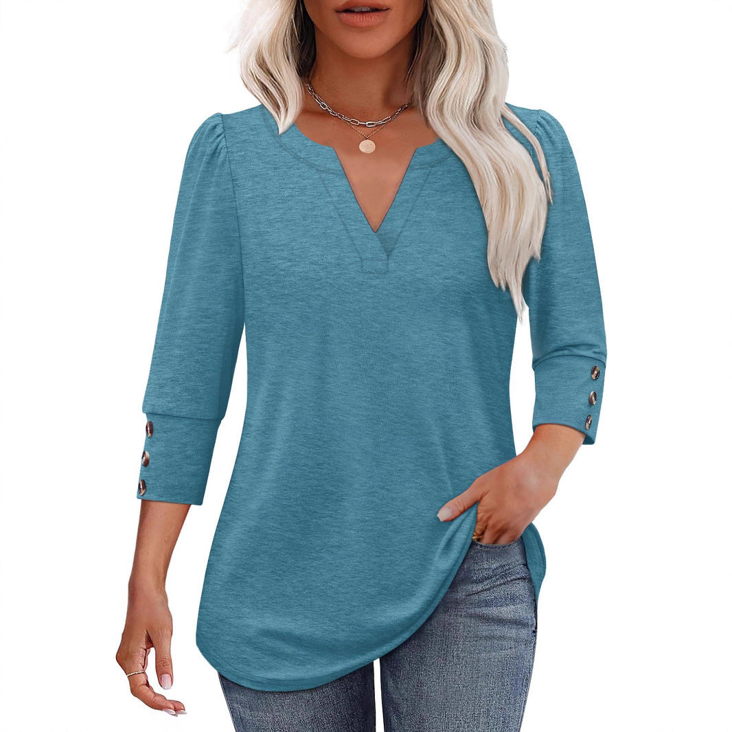 Damen V-Ausschnitt Bluse mit dekorativen Knopfdetails Heidi-Mode