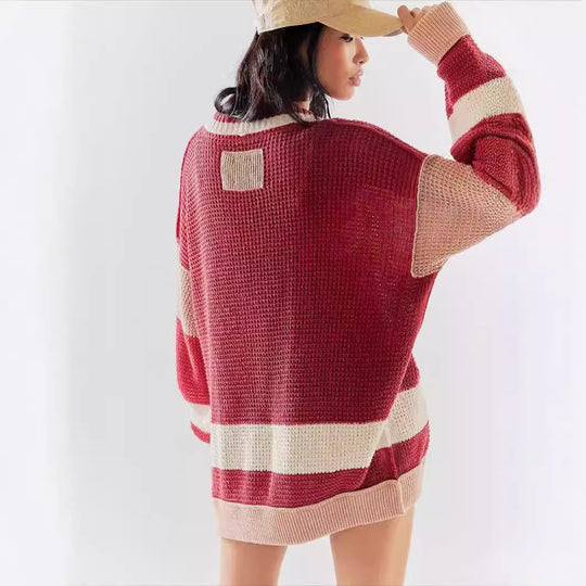Damen lässiger Strickcardigan mit großen Taschen und stilvollen Kontraststreifen Heidi-Mode