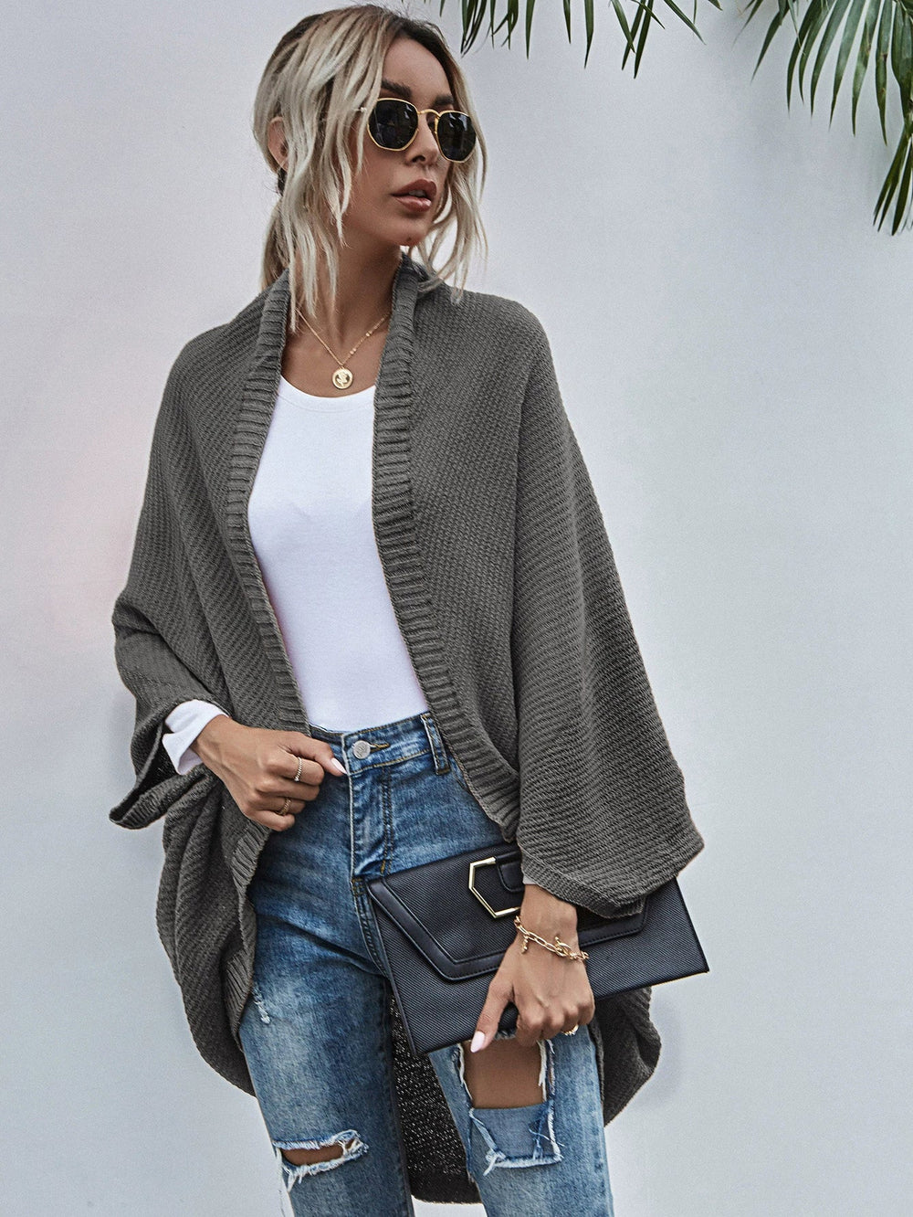 Heidi-Mode | Strickjacke Oversized Passform Wolle Strick Offen Front Fledermausärmel