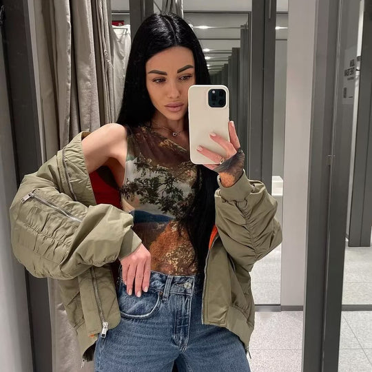 Damen lässige Bomberjacke mit elastischen Bündchen und praktischen Taschen Heidi-Mode