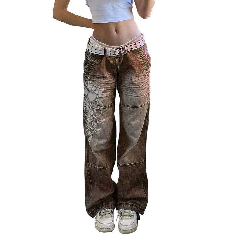 Damen Weit geschnittene Jeans mit einzigartigem Design und prominentem Druck Heidi-Mode