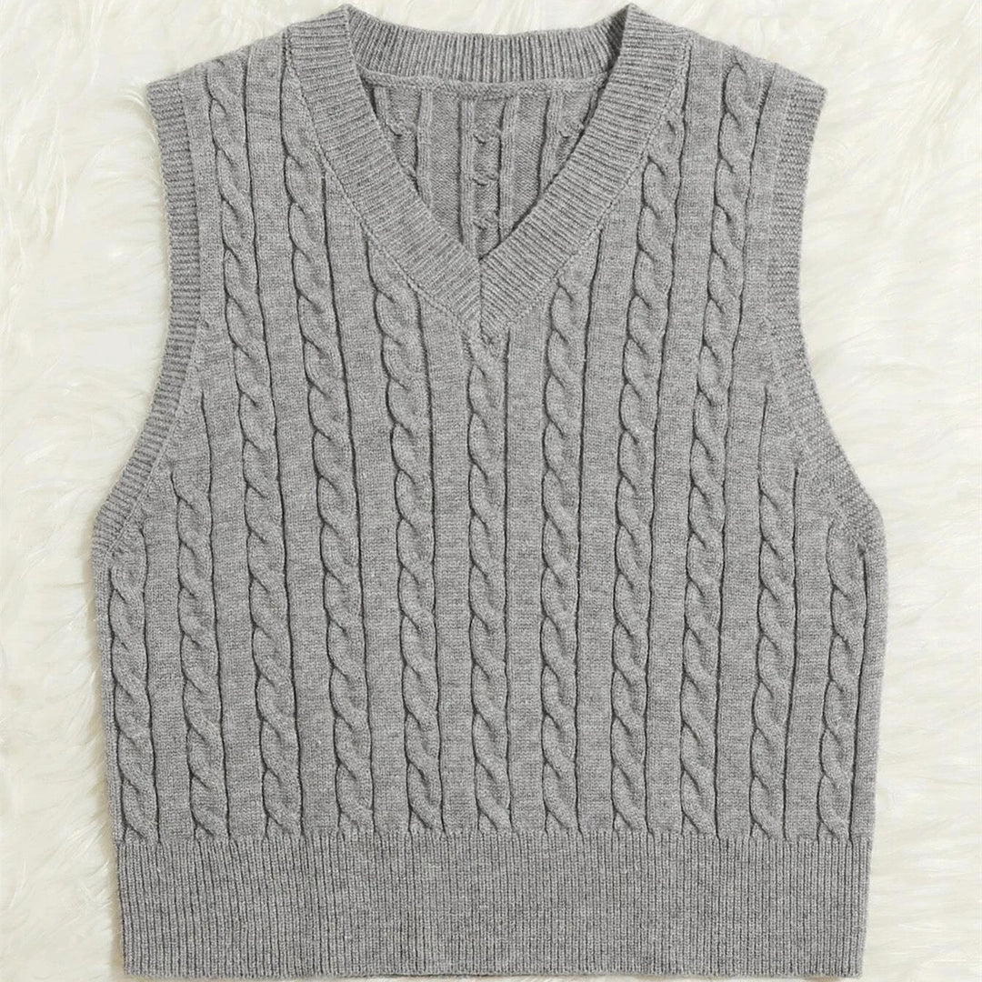 Damen Strickweste mit V-Ausschnitt und Zopfmuster Heidi-Mode