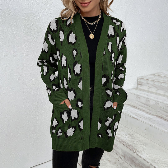Damen modische Strickjacke mit Leopardenmuster und praktischen Taschen Heidi-Mode