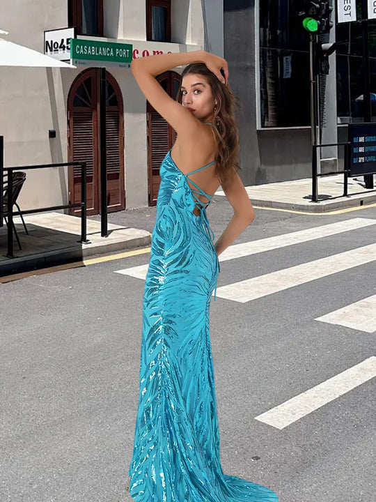 Damen Glamouröses Abendkleid mit funkelndem Paillettenmuster und V-Ausschnitt Heidi-Mode