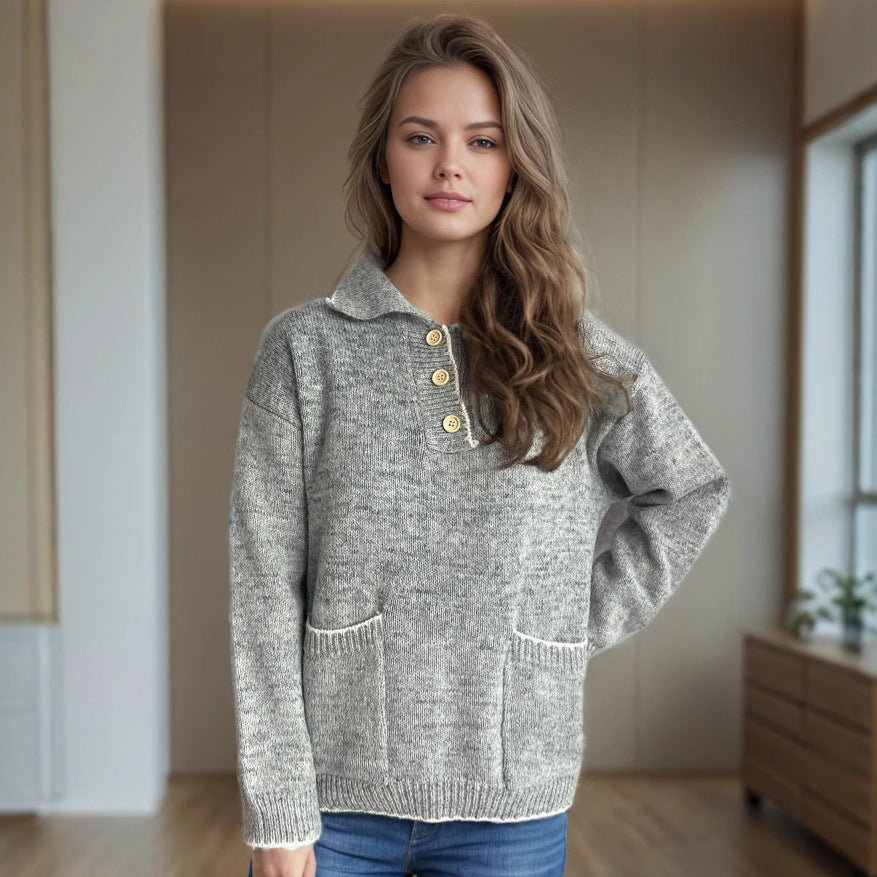 Damen Pullover mit kontrastierendem Kragen und dekorativen Knöpfen Heidi-Mode