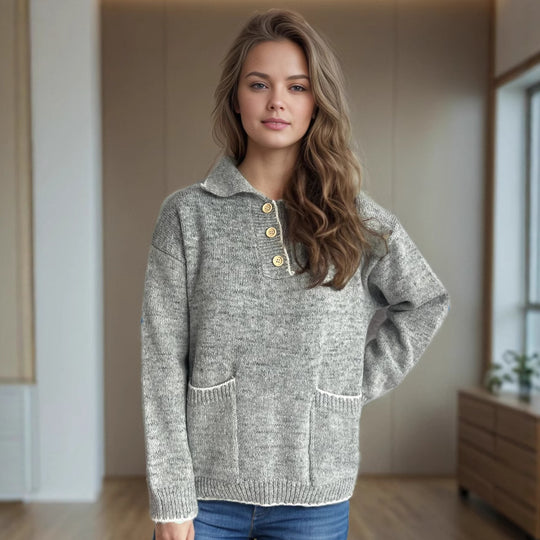 Damen Pullover mit kontrastierendem Kragen und dekorativen Knöpfen Heidi-Mode