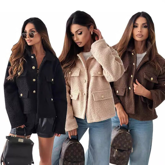 Damen Trendige Bouclé-Jacke mit goldenen Knöpfen und praktischen Taschen Heidi-Mode