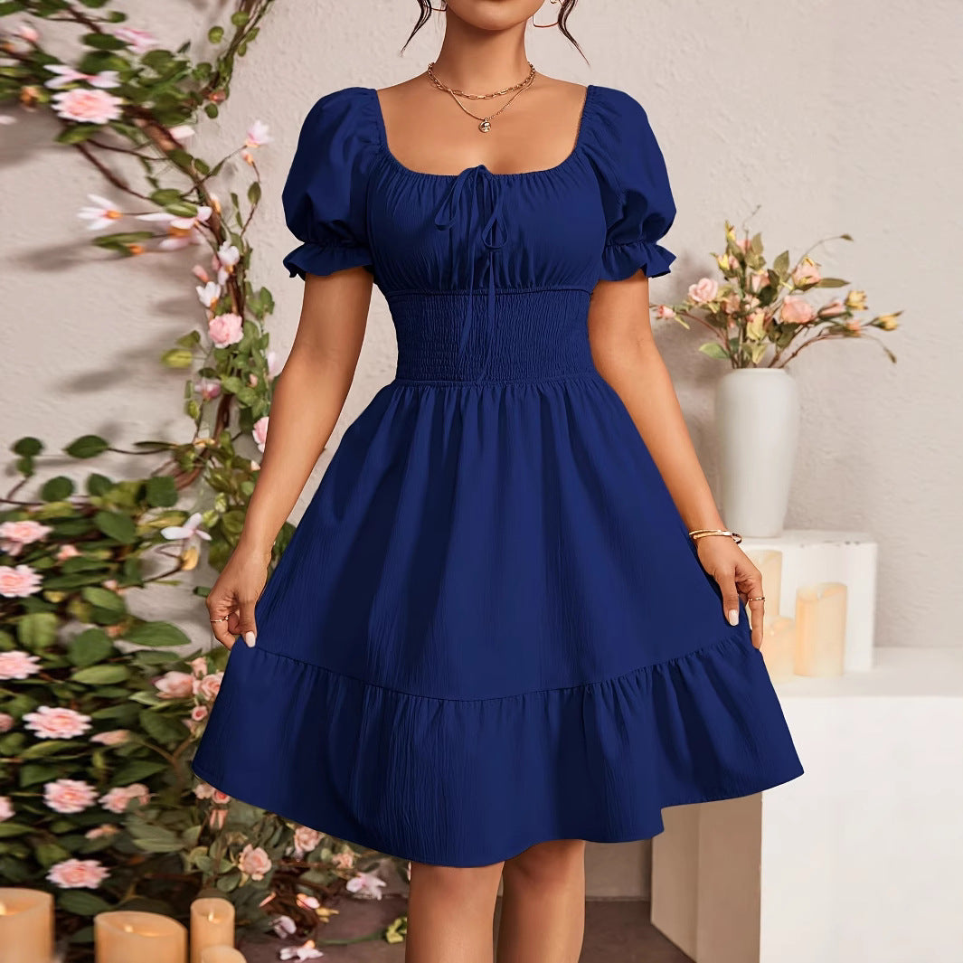 Damen Puffärmel Kleid mit elastischem Tailleneinsatz und Rüschensaum Heidi-Mode