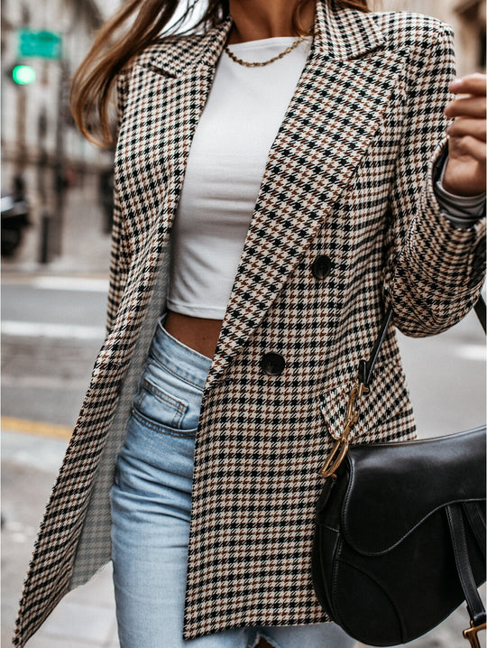 Damen lässiger Oversized-Blazer mit klassischem Hahnentrittmuster Heidi-Mode