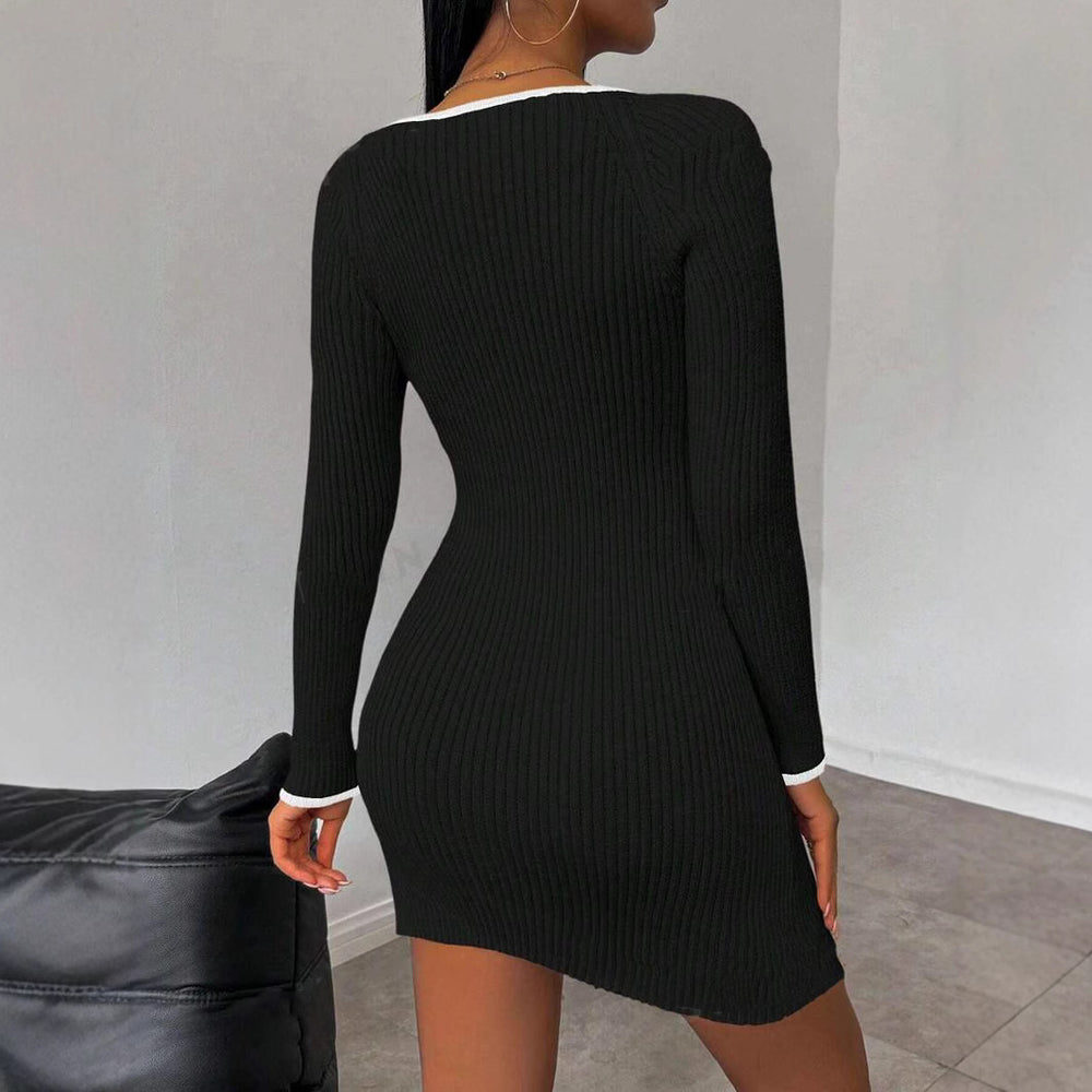 Damen figurbetontes Rippstrickkleid mit tiefem Ausschnitt und Seitenschlitz Heidi-Mode