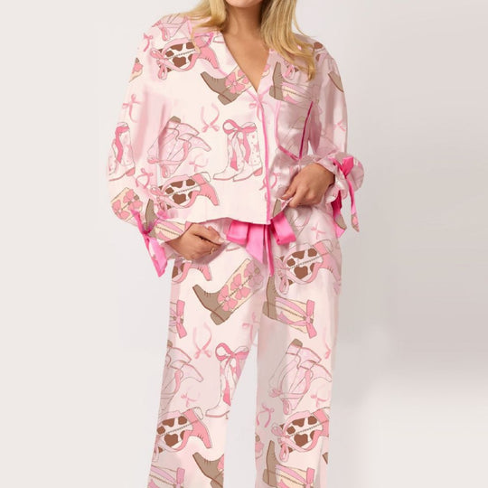 Damen Schlafanzug-Set mit niedlichen Schleifenmotiven Heidi-Mode