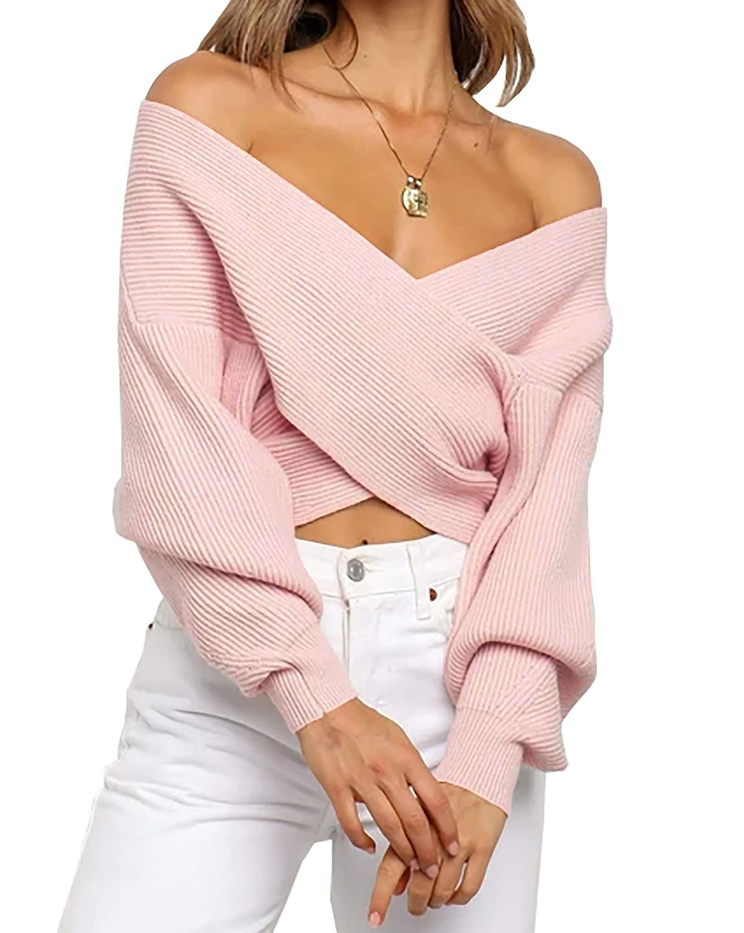 Damen eleganter cropped Pullover mit weitem V-Ausschnitt und Rippstruktur Heidi-Mode