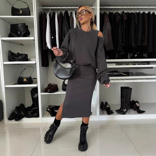 Damen modisches Sweatshirt und Midi-Rock Set Heidi-Mode