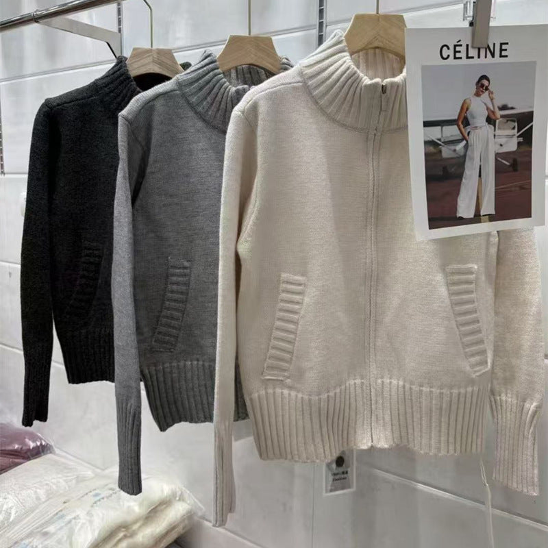 Damen Strickpullover mit hohem Stehkragen und Rippstruktur Heidi-Mode