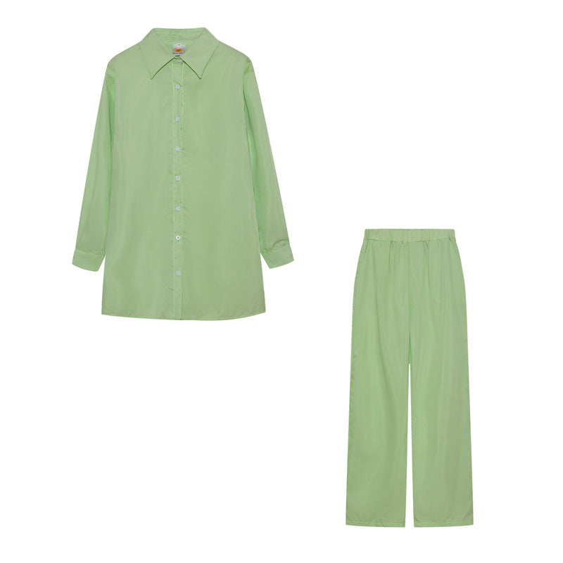 Damen Satin Pyjama Set mit langärmliger Bluse und weiten Hosen Heidi-Mode