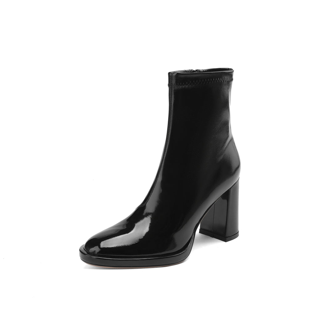 Damen Hochglänzende Lackleder Stiefeletten mit Chunky Blockabsatz Heidi-Mode