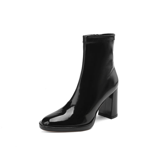 Damen Hochglänzende Lackleder Stiefeletten mit Chunky Blockabsatz Heidi-Mode