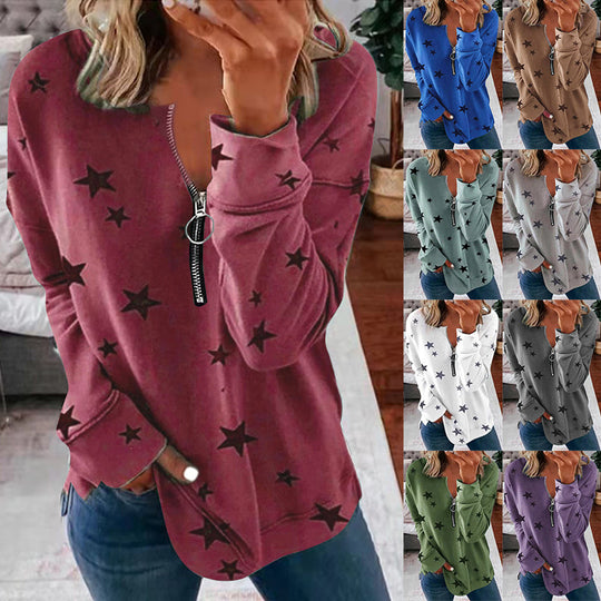 Damen Lässiger Sweatshirt mit Reißverschluss und Sternenmotiv Heidi-Mode