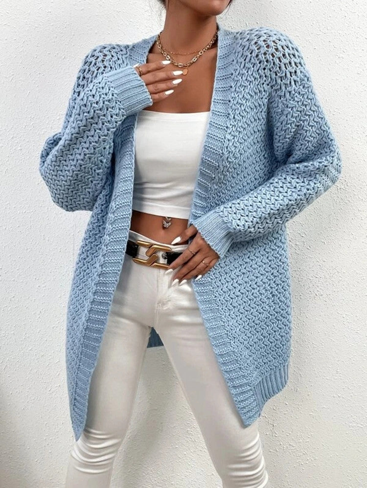 Damen Strickjacke mit offener Front und luftiger Häkelstruktur Heidi-Mode