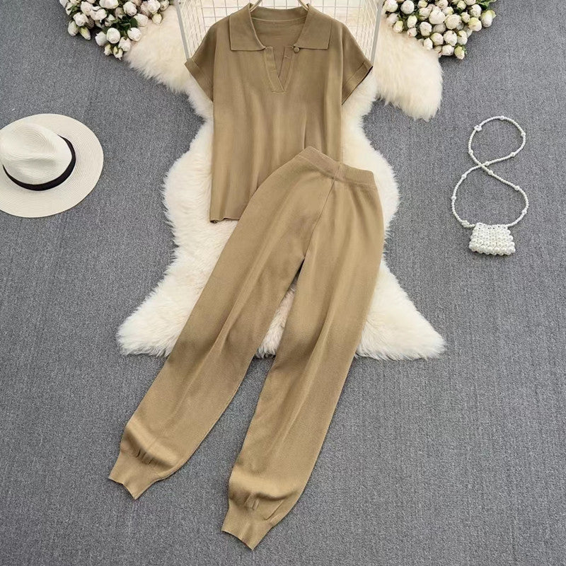 Damen elegantes Lounge-Set mit kurzärmligem Polo und weiten Hosen Heidi-Mode