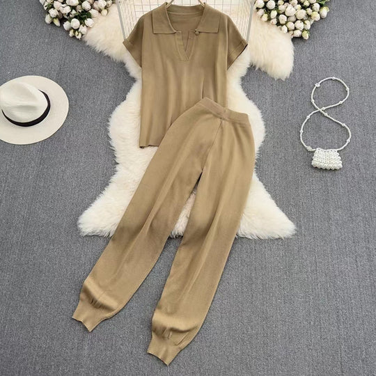 Damen elegantes Lounge-Set mit kurzärmligem Polo und weiten Hosen Heidi-Mode