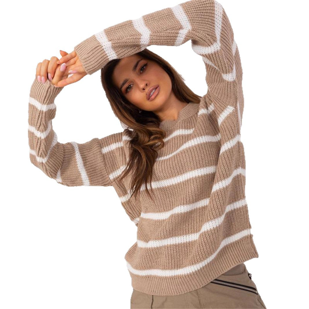 Damen lässiger Strickpullover mit modernem Streifenmuster und weitem Schnitt Heidi-Mode