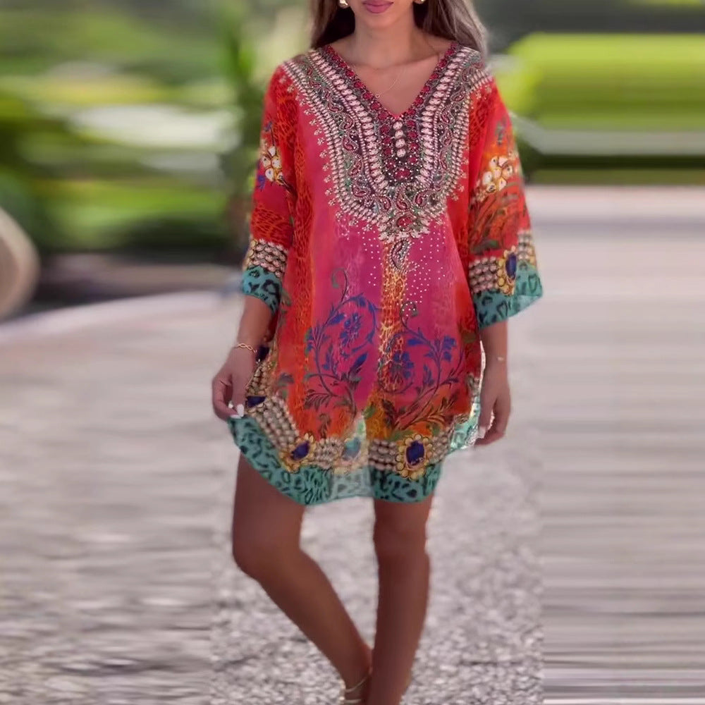 Damen Kaftan mit elegantem V-Ausschnitt und funkelndem Print Heidi-Mode
