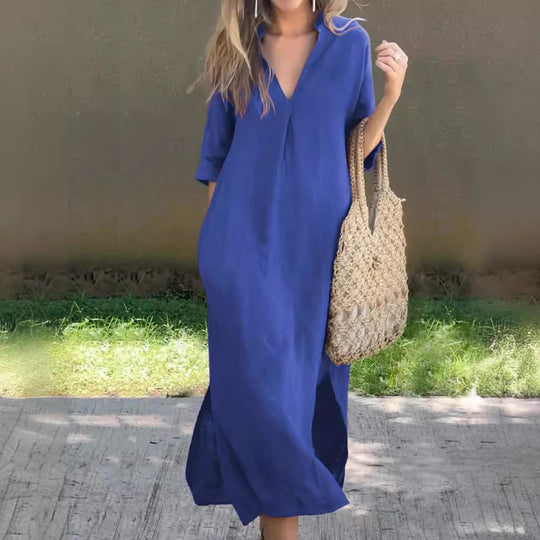 Damen Maxi-Kleid mit V-Ausschnitt und lässigem Schnitt Heidi-Mode