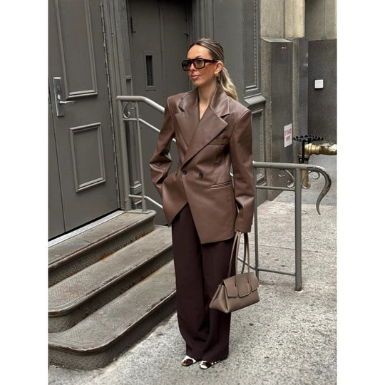 Damen Oversized Blazer aus hochwertigem Kunstleder mit doppelter Knopfverschluss Heidi-Mode
