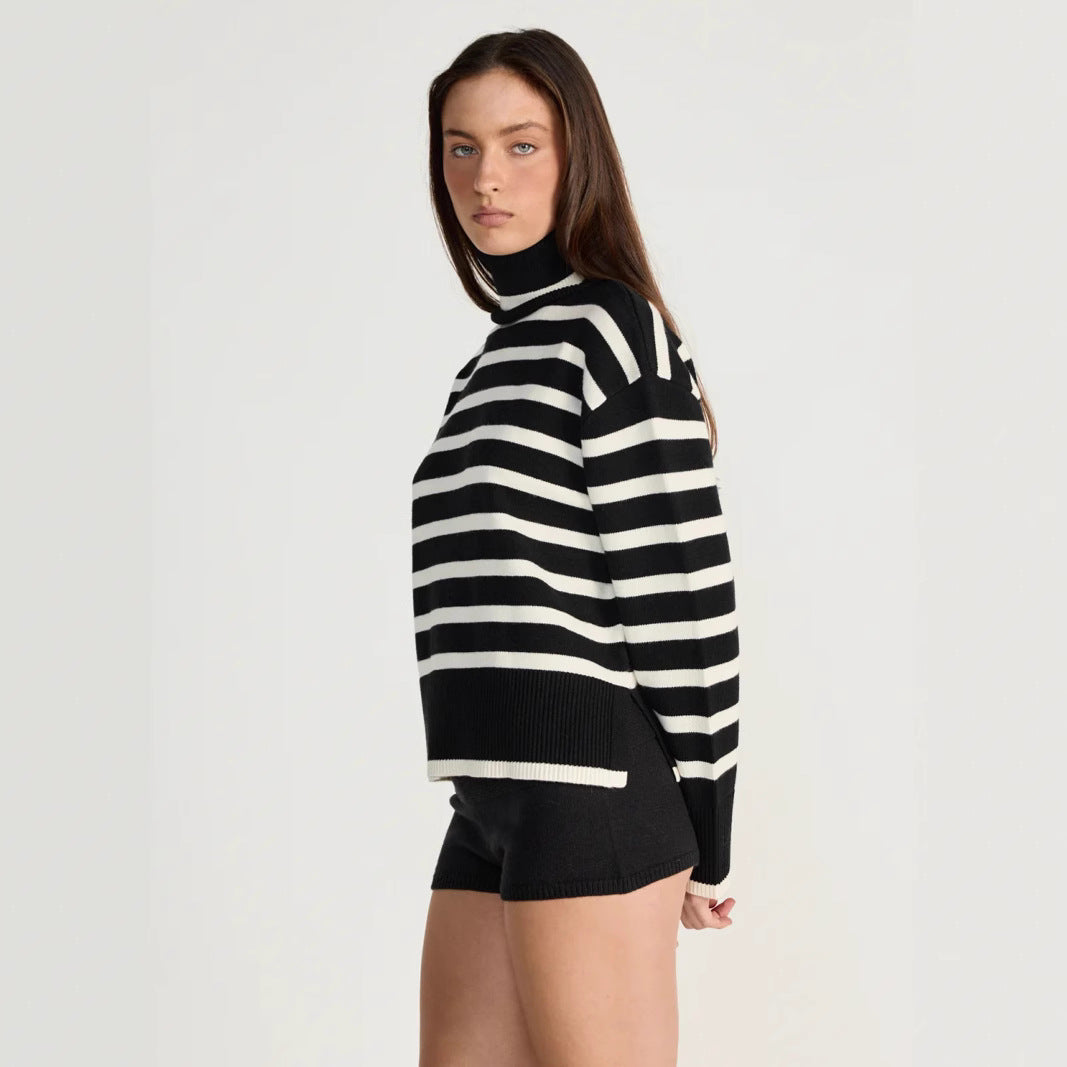 Damen gestreifter Rollkragenpullover mit lässigem Schnitt Heidi-Mode