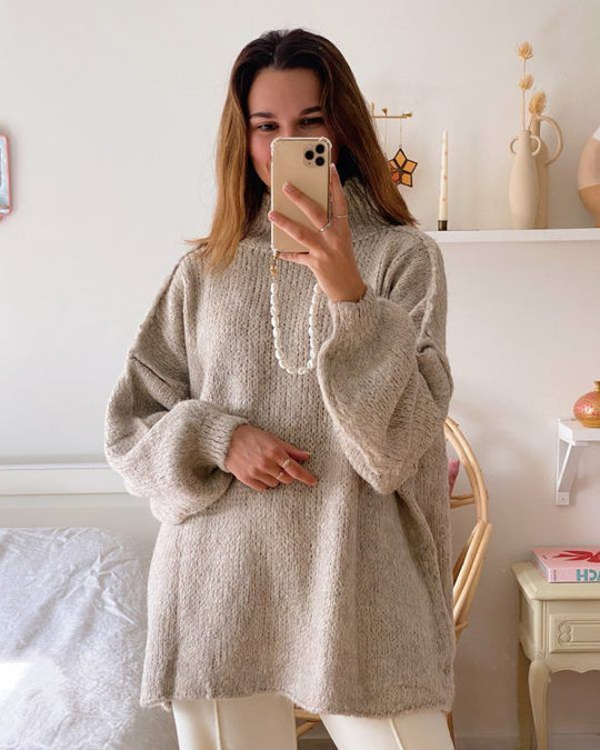 Damen lässiger Oversize Pullover mit hohen Ärmeln und unkonventionellem Schnitt Heidi-Mode