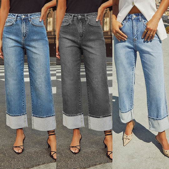 Damen Weit geschnittene Jeans mit moderner Säumenprägung Heidi-Mode
