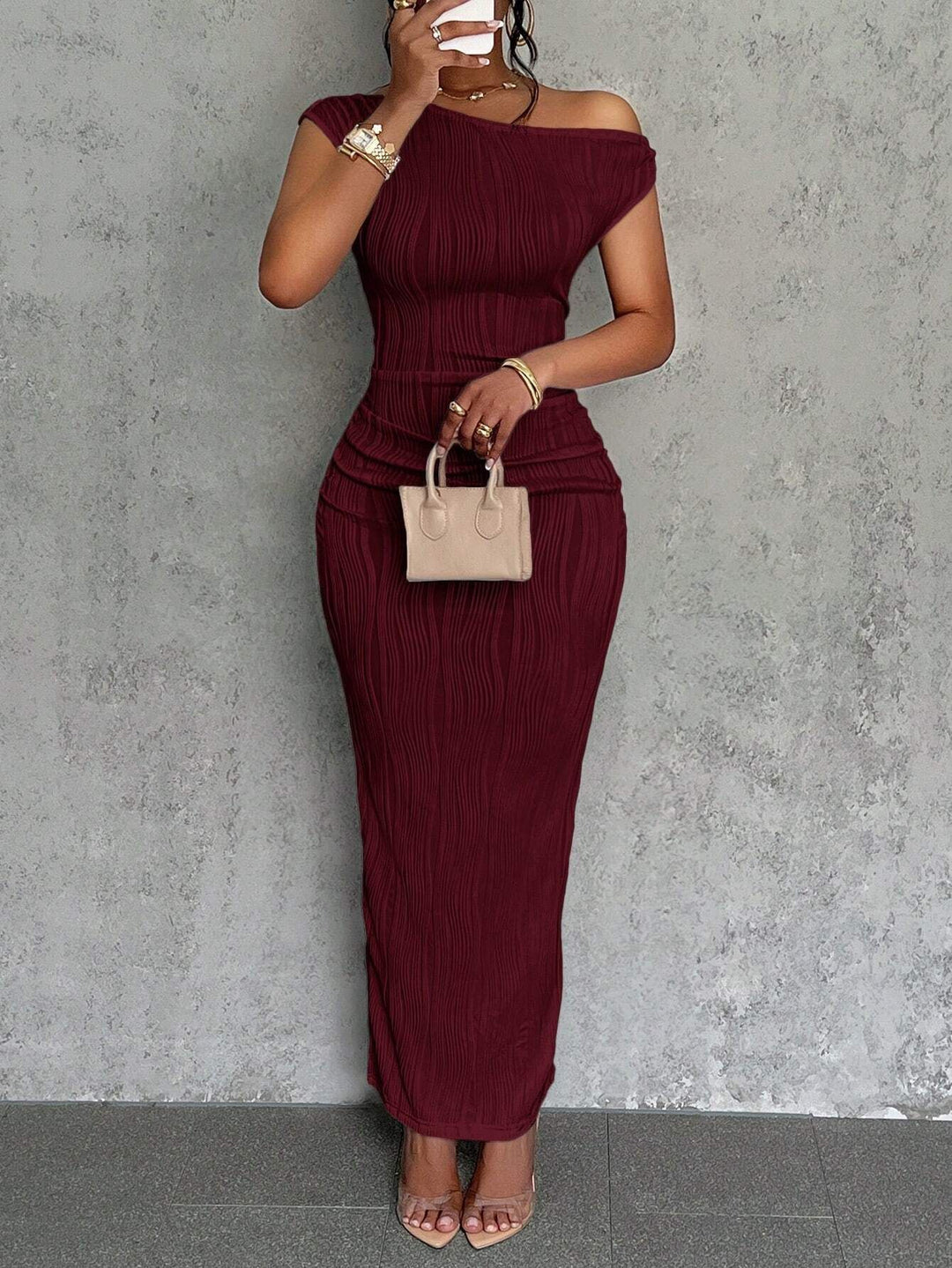 Damen figurbetontes Wickelkleid mit Rüschendetails und schulterfreiem Design Heidi-Mode