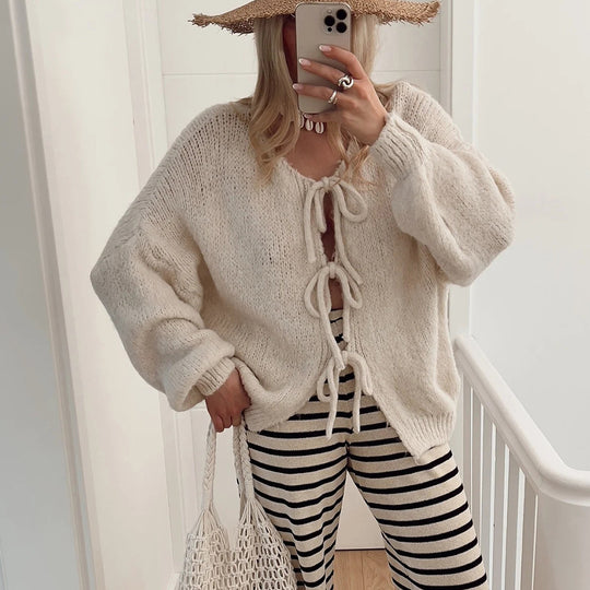 Damen Grobstrick-Jacke mit Kordelzug und lässigem Schnitt Heidi-Mode