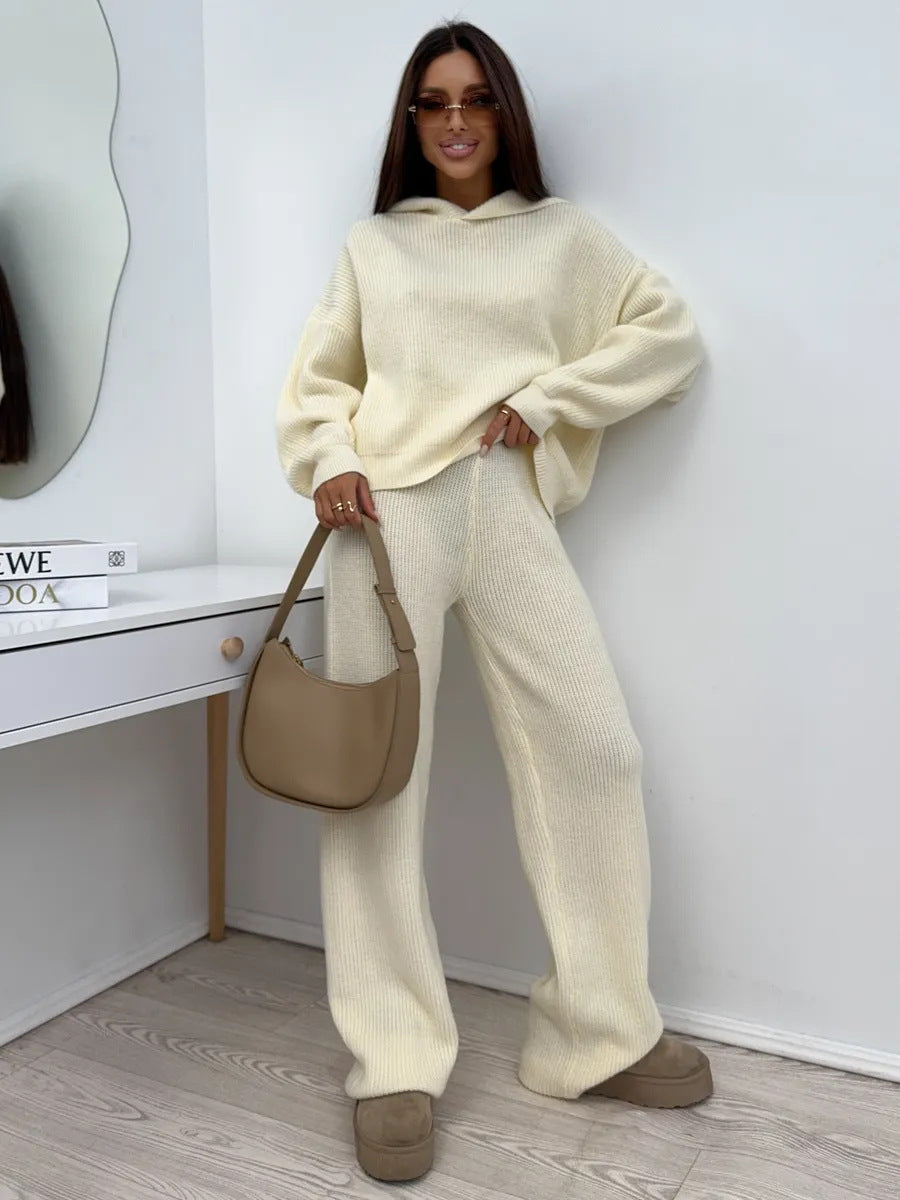 Damen lässiger Strick-Loungewear-Anzug mit weitem Schnitt und Kapuze Heidi-Mode