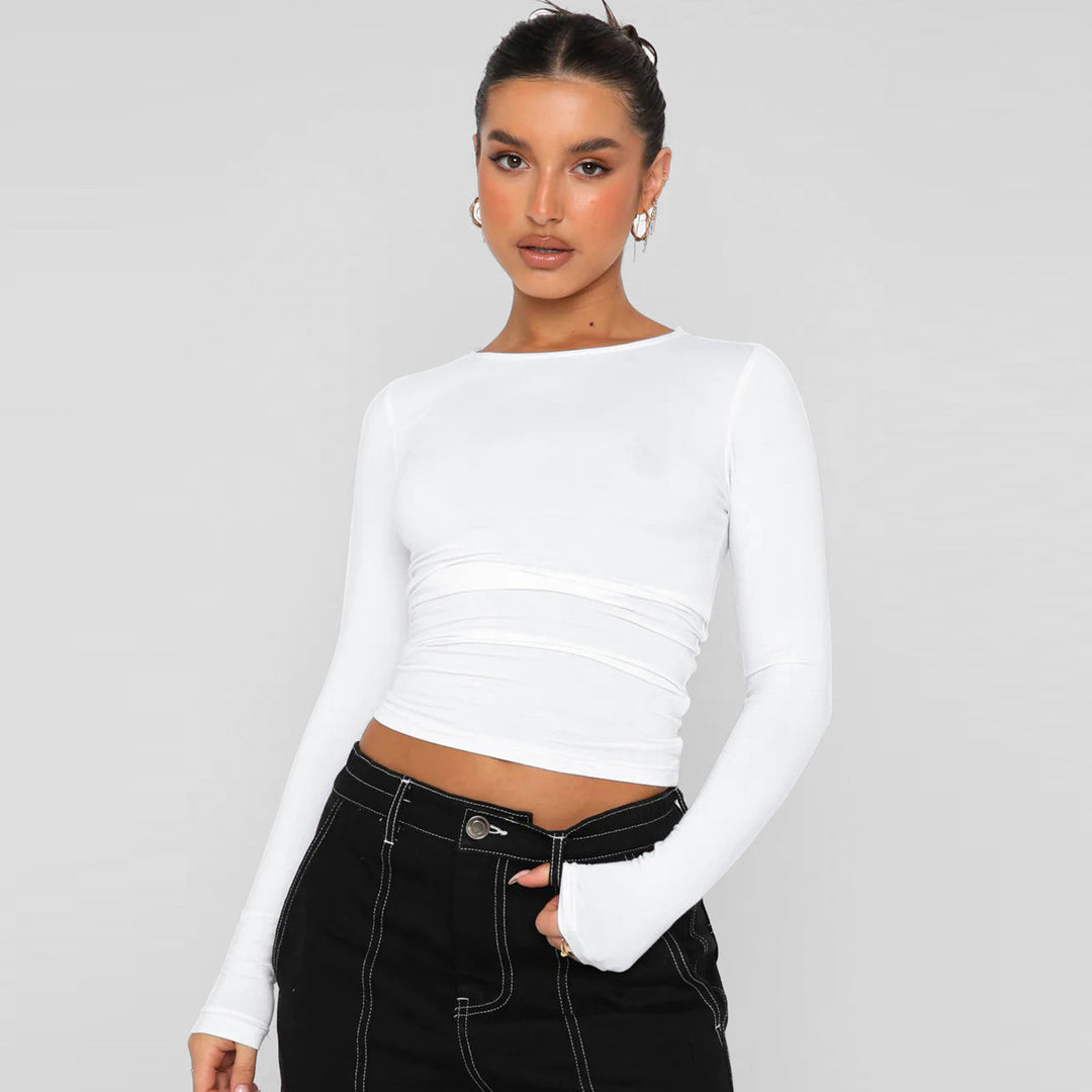 Damen modisches Langarm-Crop-Top mit Raffung Heidi-Mode