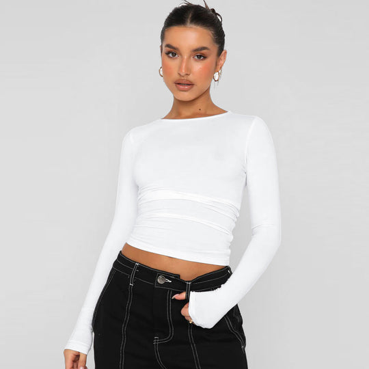 Damen modisches Langarm-Crop-Top mit Raffung Heidi-Mode